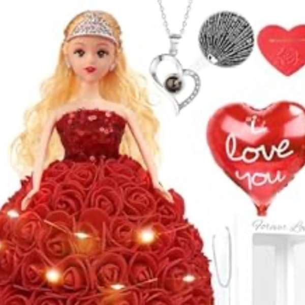 Red rose doll with heart-shaped balloons and a necklace
