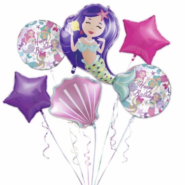 Assorted mermaid-themed birthday balloons in pink, purple, and teal