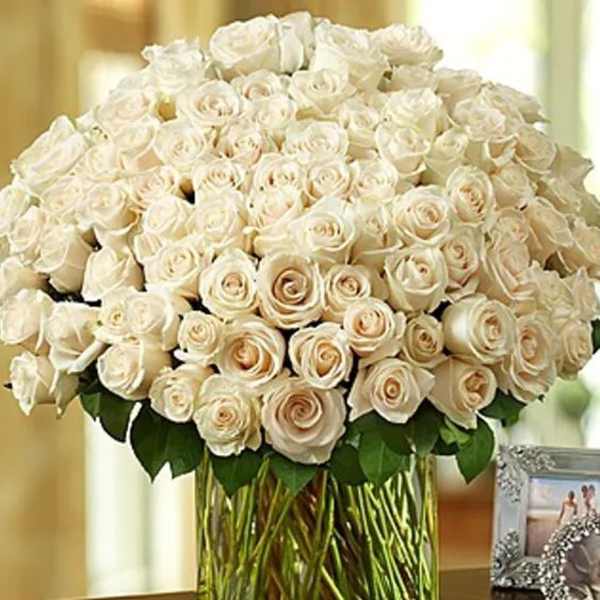 Large bouquet of cream roses in a clear glass vase