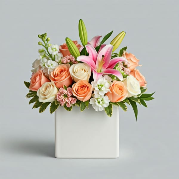 Peach and white roses with pink lilies in a white vase