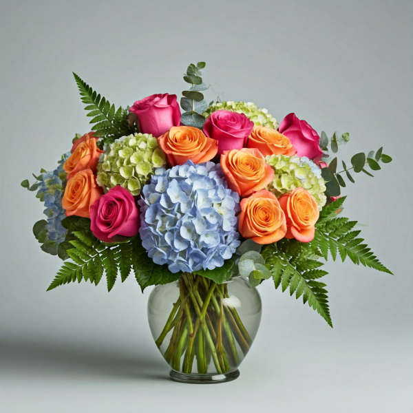 Bouquet of pink and orange roses with blue hydrangeas in a glass vase