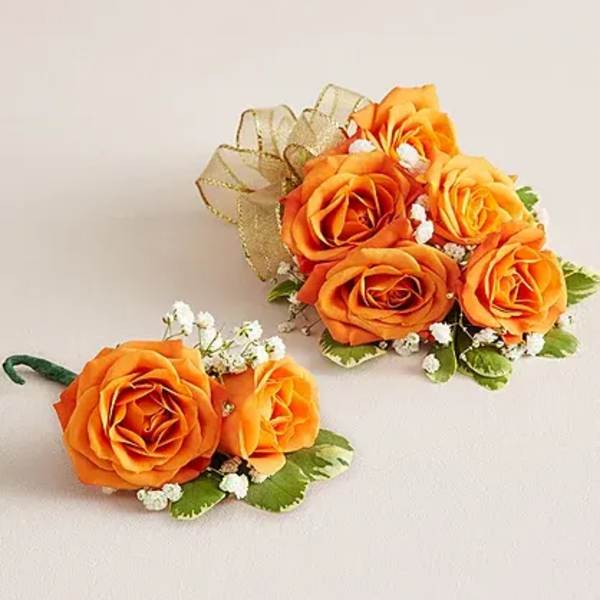 Orange Spray Rose Corsage Buttoners Combo.
