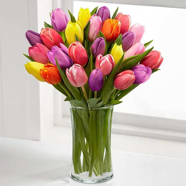 Bouquet of multicolored tulips in a clear glass vase