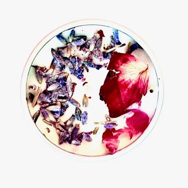 Round dish with colorful dried flower petals and fragments