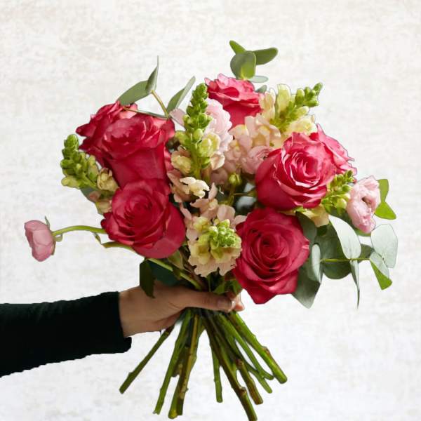 Handheld bouquet of pink roses and pale snapdragons