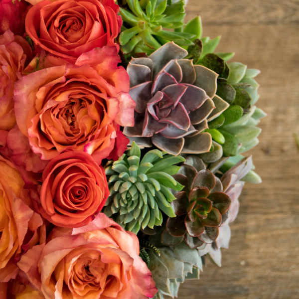 Bouquet of orange roses and mixed succulents on a wood surface