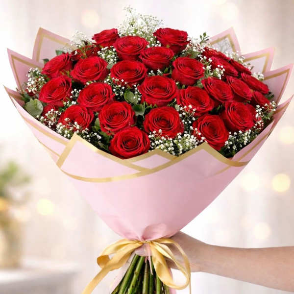 Bouquet of red roses wrapped in pink paper with a gold ribbon