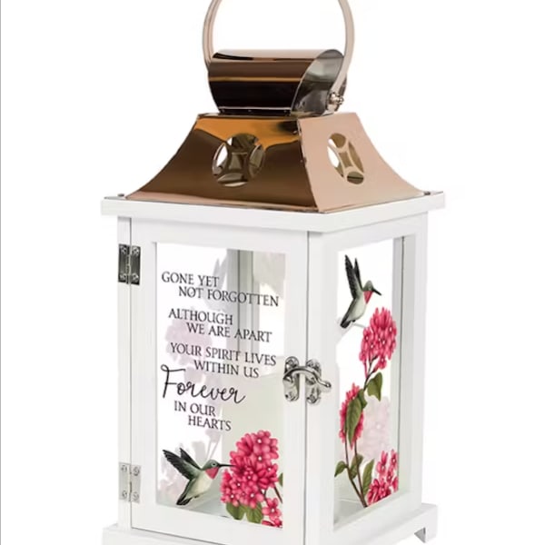 White memorial lantern with pink floral and hummingbird panels