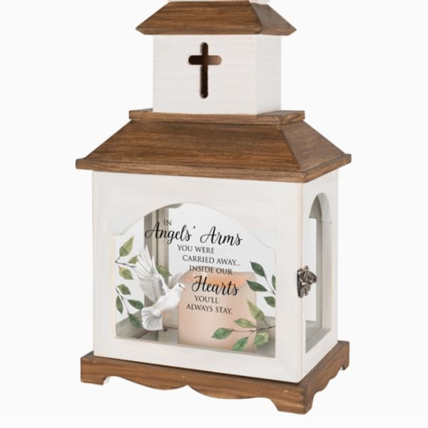 Wooden memorial lantern with a cross and angel graphic