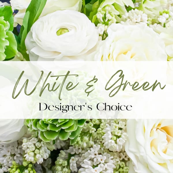 White and green floral arrangement with roses and ranunculus