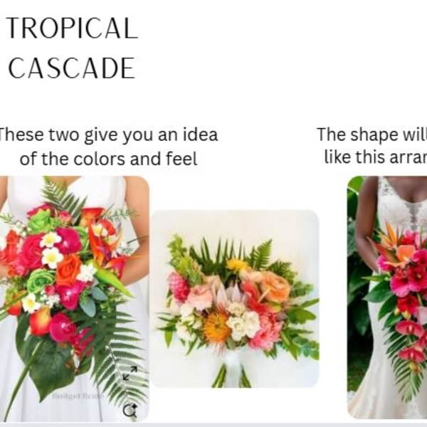 Tropical cascade bridal bouquet with bright mixed flowers and long trailing greenery