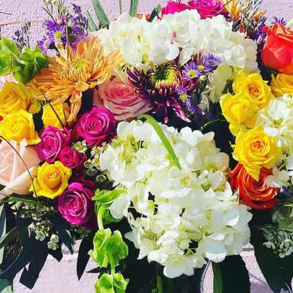 Colorful bouquet with roses, hydrangeas, and mixed blooms