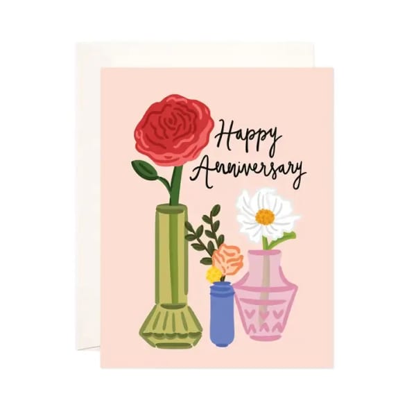 Anniversary card with illustrated flowers in vases