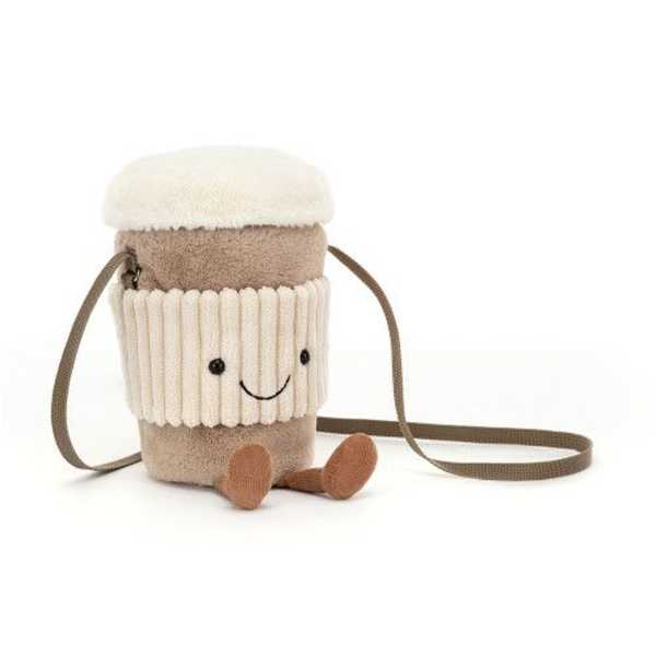 Plush cup-shaped bag with a smiling face and shoulder strap