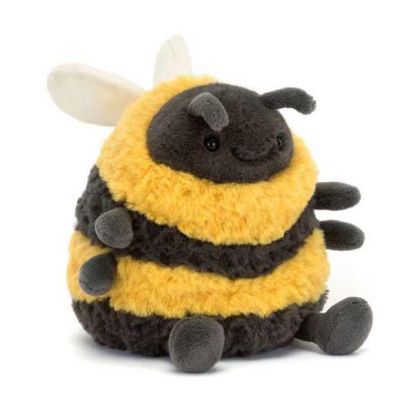 Plush bee toy with black and yellow stripes and white wings