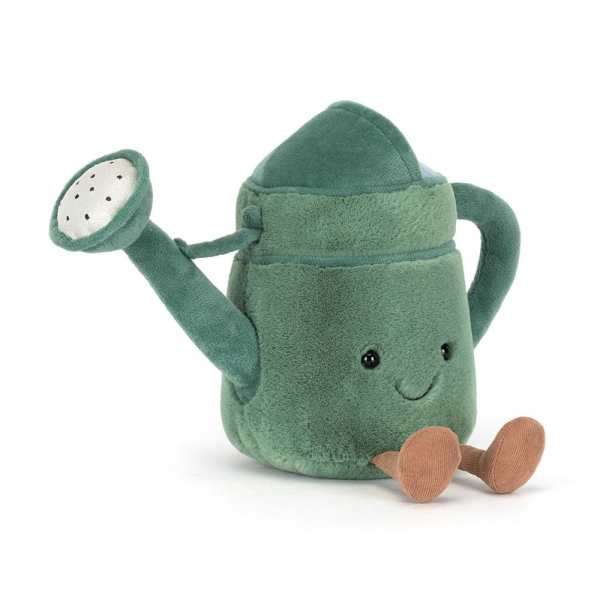 Plush green watering can toy with a smiling face and tan feet