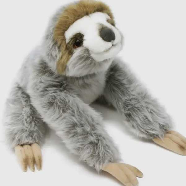 Plush sloth toy with gray fur and tan claws on a white background