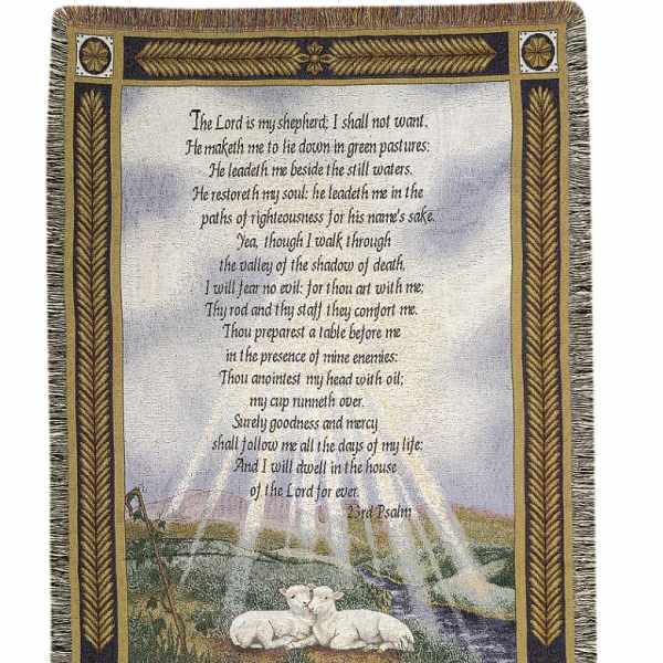 Decorative woven wall hanging with Psalm 23 text and two lambs