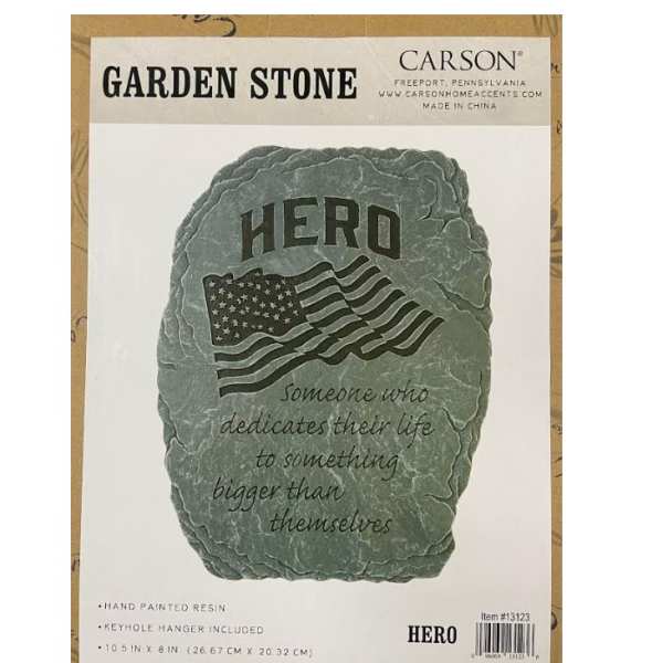 Packaged garden stone with a hero message and American flag design