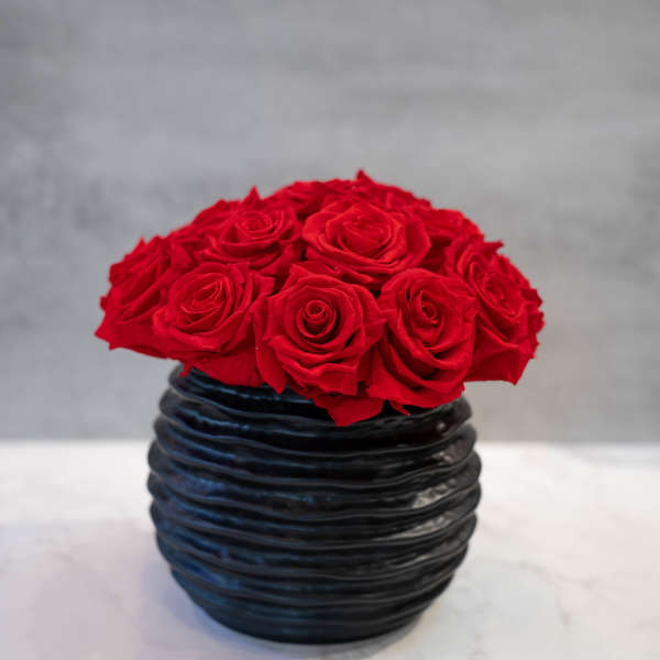Red Preserved Roses in black bubble vase