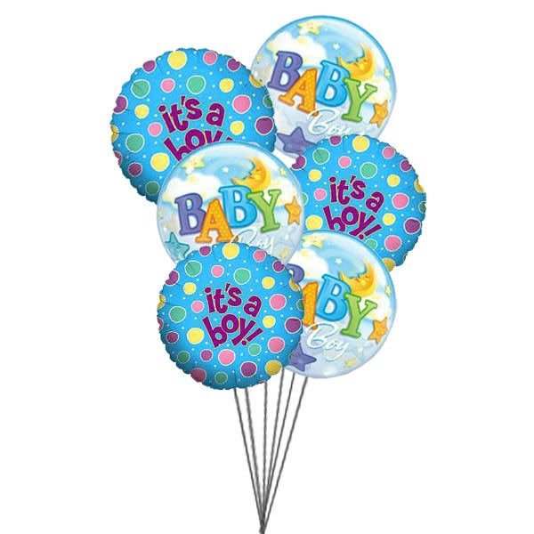 Cluster of baby shower balloons with "it's a boy" and "BABY" text