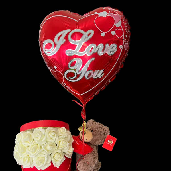 Red heart balloon with a rose box and teddy bear gift set