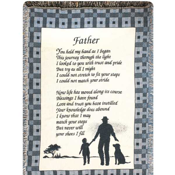 Printed memorial throw blanket with the word Father and a silhouette of a man and child