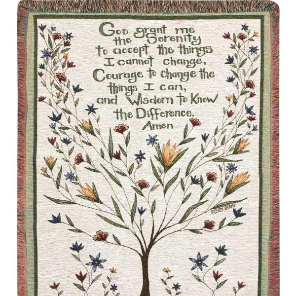 Woven wall hanging with a tree and the Serenity Prayer text