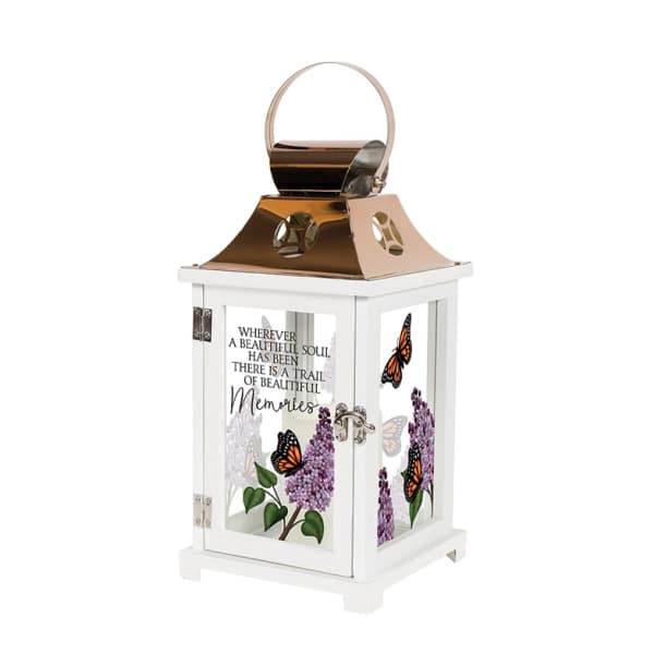 White memorial lantern with butterfly and lilac flower design