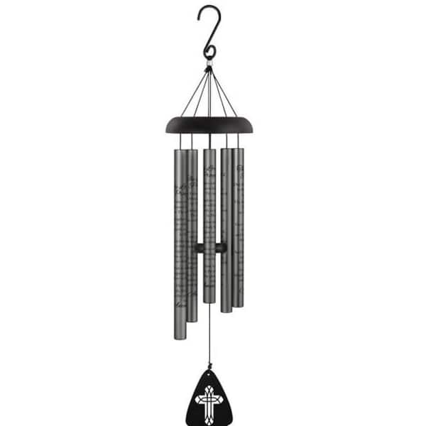 Black and silver metal wind chime with engraved tubes and a hanging cross motif sail.