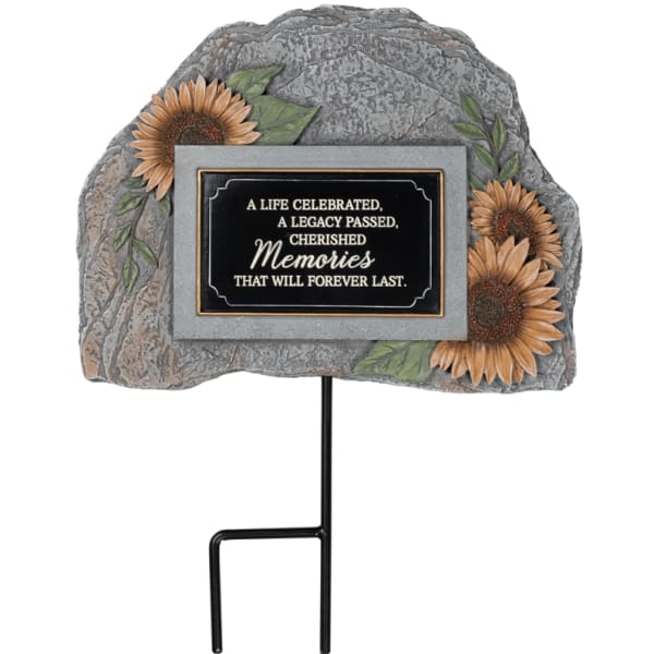 Memorial plaque on a stone-shaped stake with sunflower accents