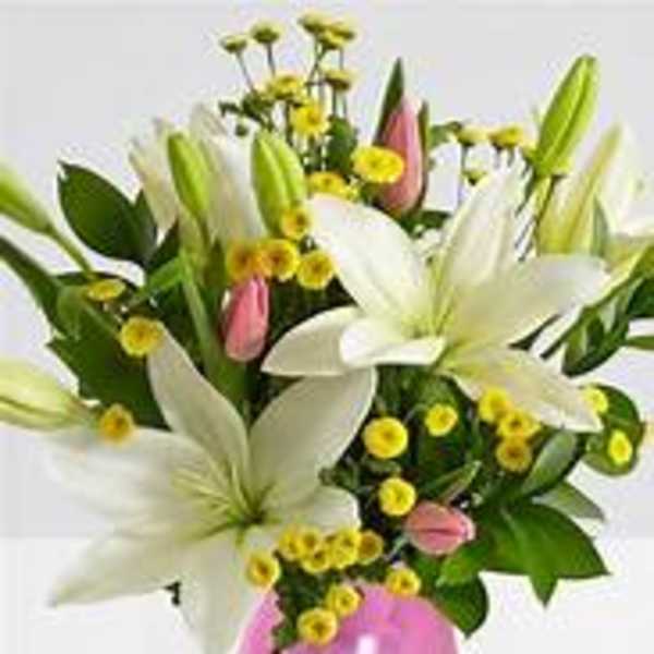 White lilies and pink tulips in a pink vase