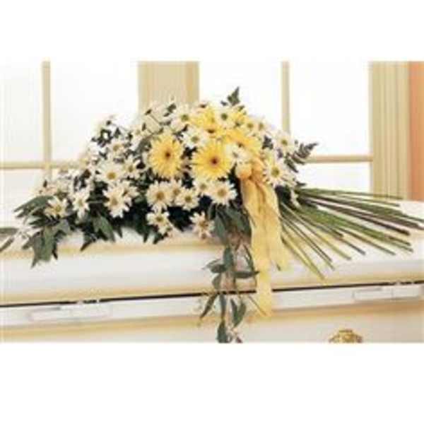 White and yellow daisy arrangement on a casket with a yellow ribbon