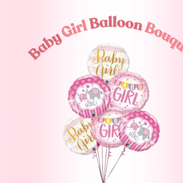 Cluster of pink baby girl balloons with printed messages