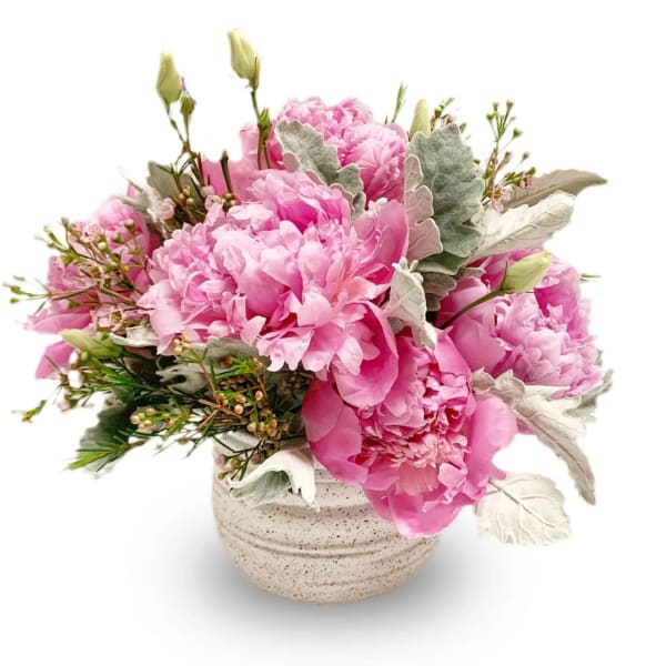 Pink peonies in a speckled ceramic vase with silvery foliage