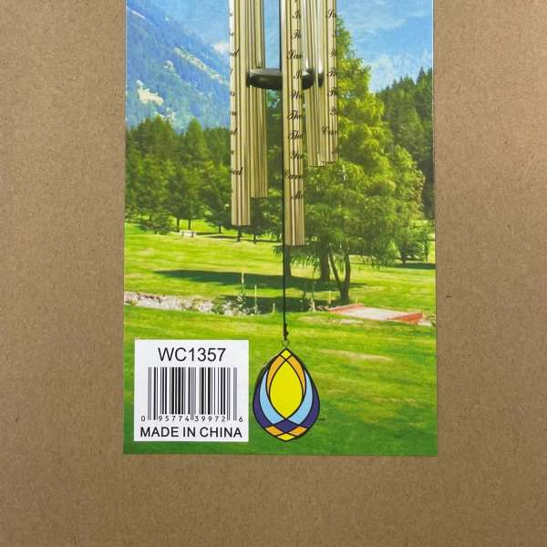 Decorative wind chime with stained-glass accents and metal tubes