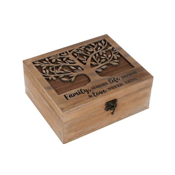Wooden keepsake box with a carved tree lid and engraved text