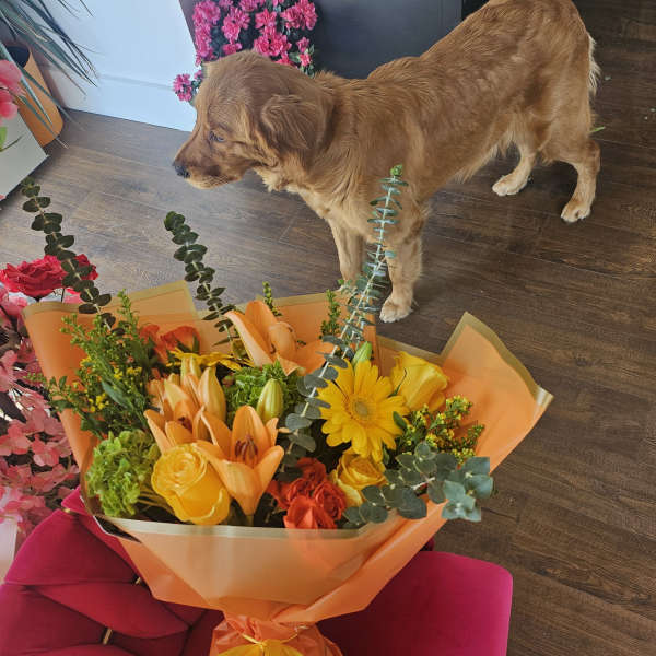 Orange and yellow mixed bouquet wrapped in orange paper with a ribbon
