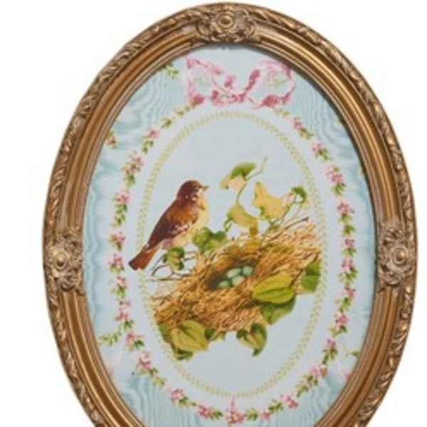 Oval framed picture of a bird on a nest with floral border