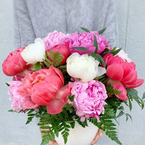 Pink and white peonies arranged in a white vase