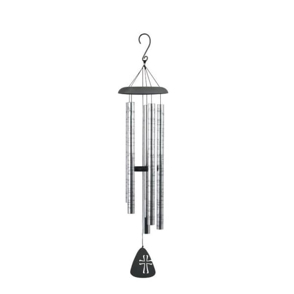 Silver wind chime with a black top and hanging clapper