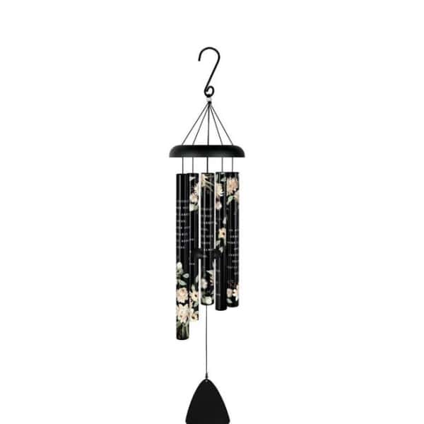 Black hanging wind chime with floral-print tubes and a bell