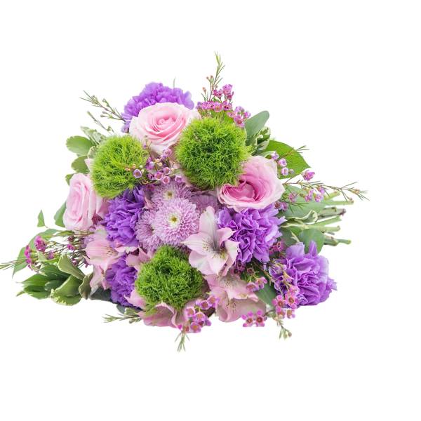 Pink and purple bouquet with green pom-pom flowers