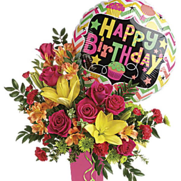 Birthday bouquet with roses, lilies, and a Happy Birthday balloon