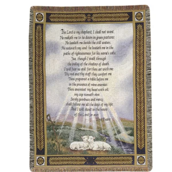 Religious tapestry throw with 23rd Psalm text, rays of light, and sheep in a pastoral scene