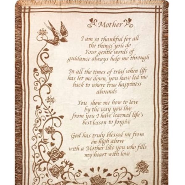 Beige woven throw blanket with a “Mother” poem and brown floral border