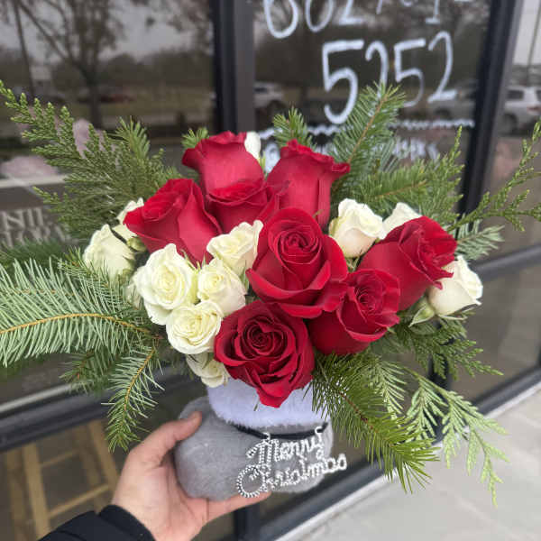 Red and white roses arranged with evergreen branches in a small holiday container.