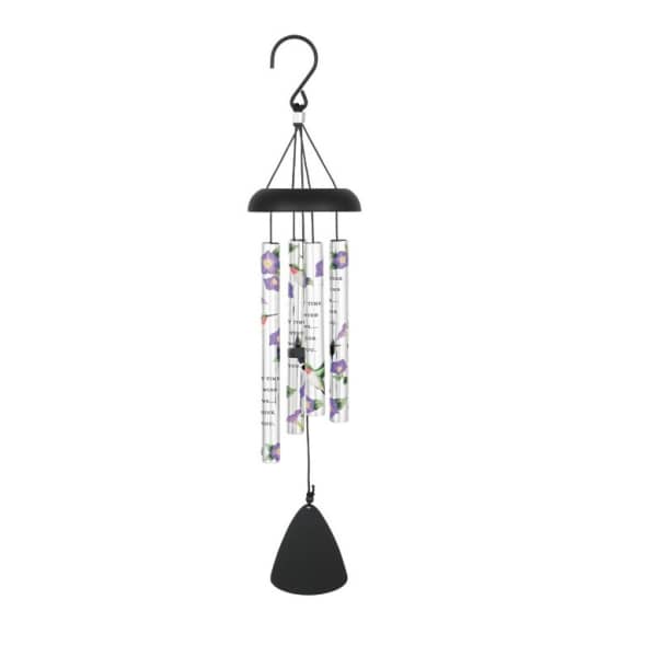 Hanging wind chime with purple floral tubes and a black clapper