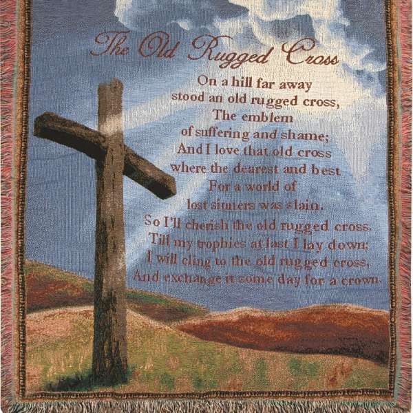 Woven wall hanging with a cross and poem text