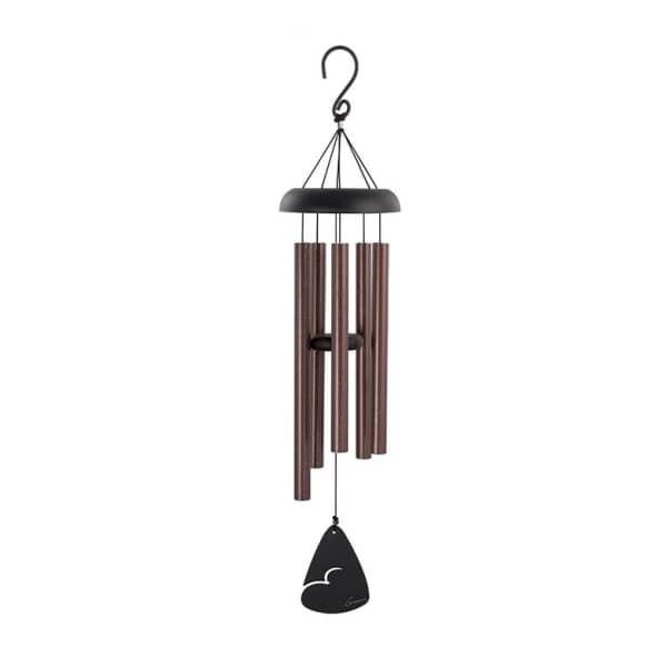 Brown metal wind chime with a black top and hanging clapper